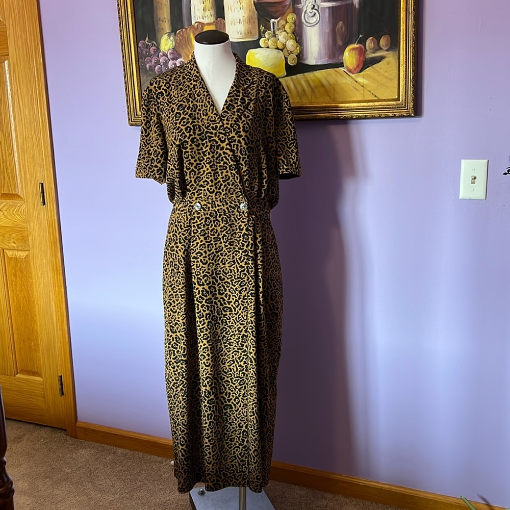SAG HARBOR 🐆 Cheetah Maxi Vintage Dress, hidden buttons, elastic waist, 14